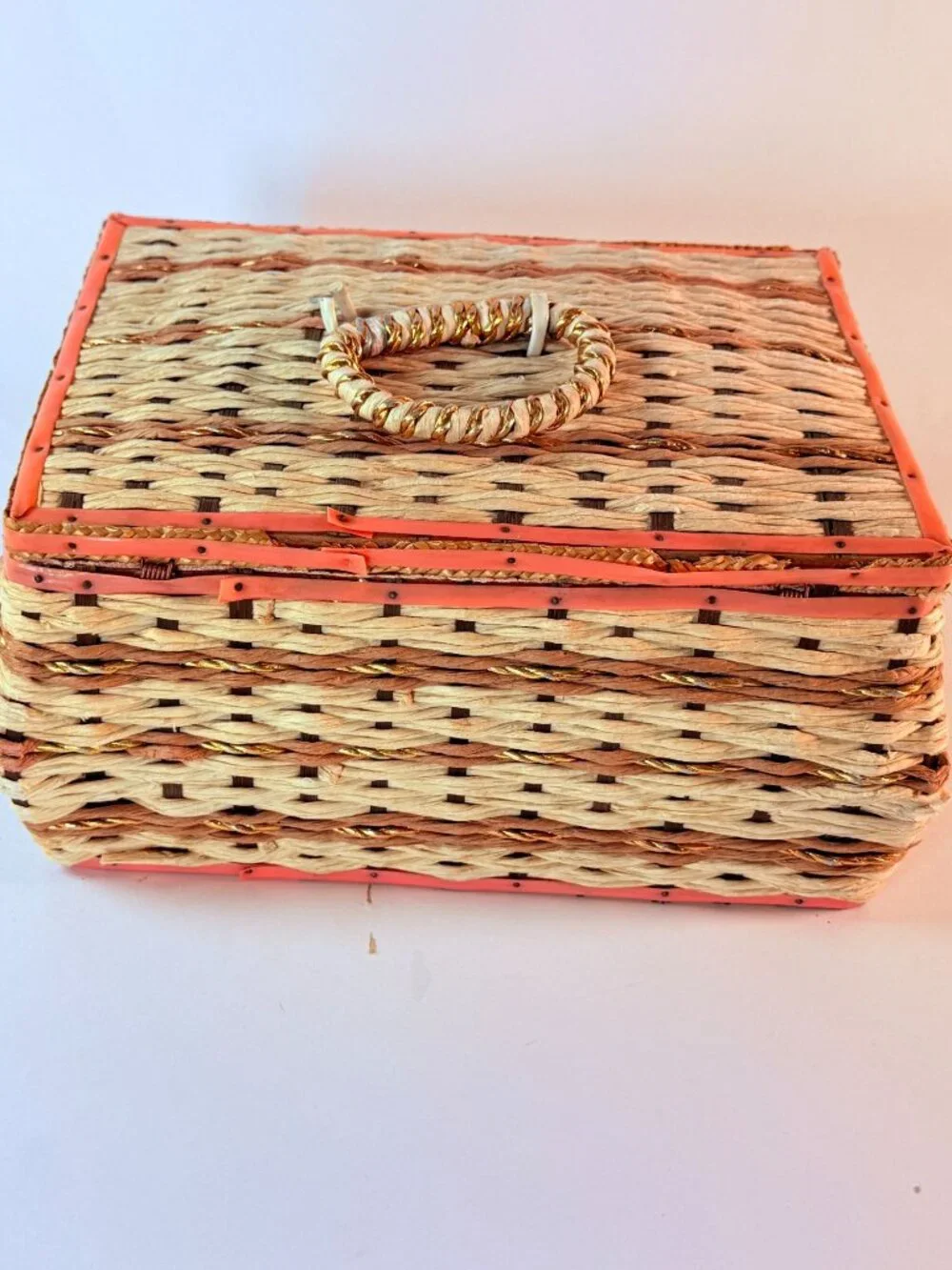 Vintage Wicker Sewing Basket Organizer With Pink Satin Lining & Assorted